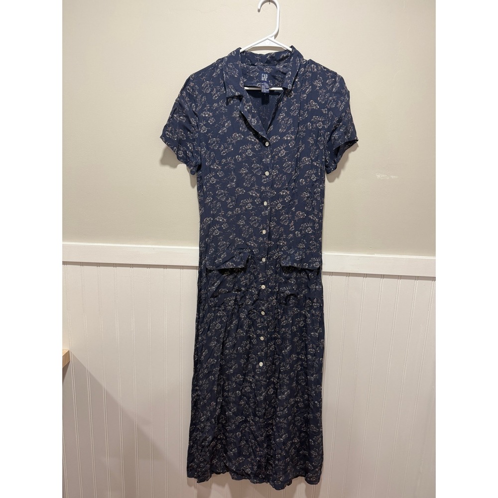 Gap Vintage Short Sleeve Midi Dress Button Down Floral Blue Women Size Small